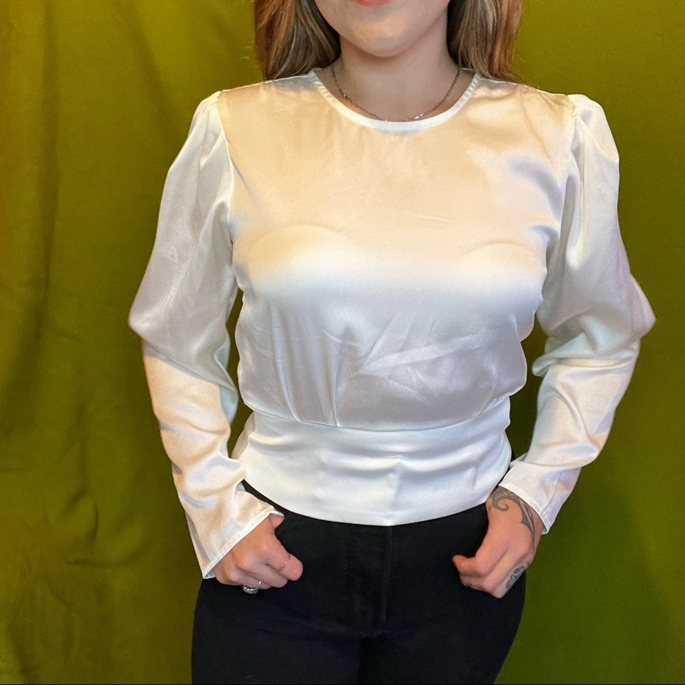 Express Pearl White Silk Shirt, Size S, Color Pearl White.
